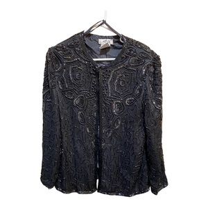 AP LTD Womens Size M Vintage Adrianna Papell Black Beaded Silk Blazer Jacket